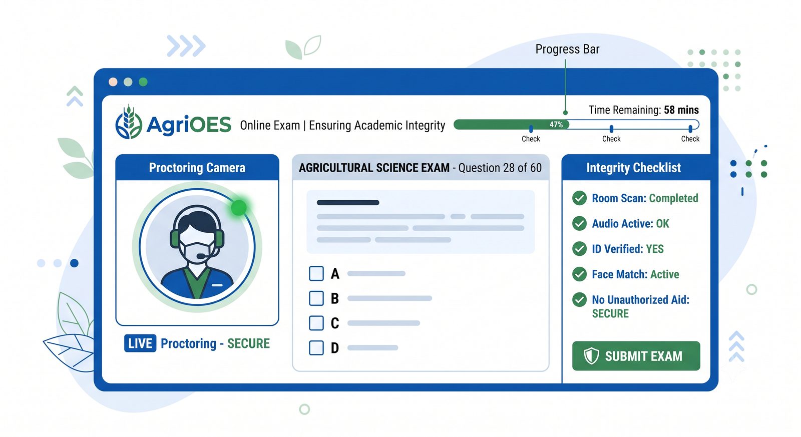AgriOES online exam interface with live proctoring and integrity checklist