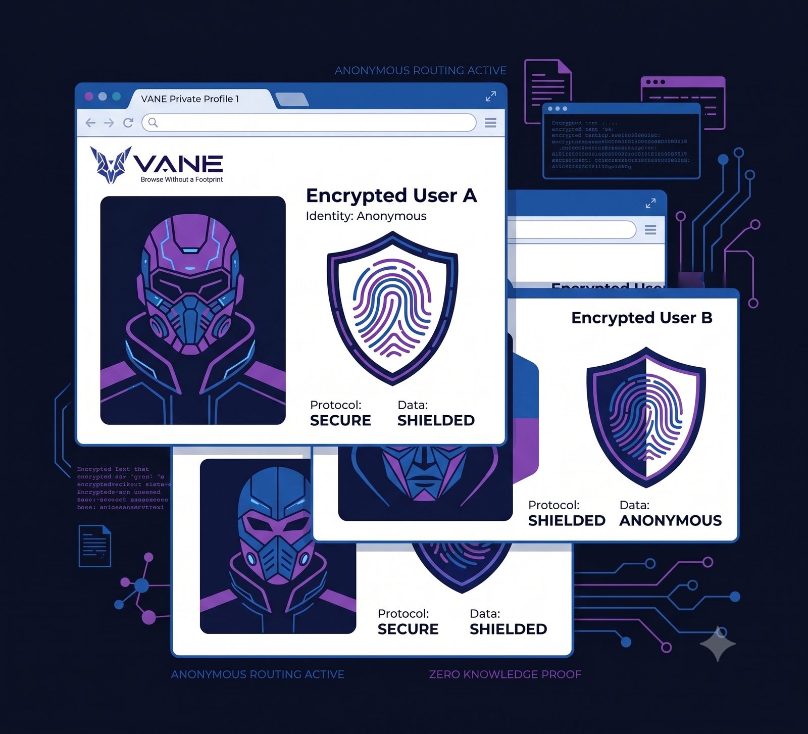 VANE Browser running multiple isolated, encrypted browsing profiles side by side